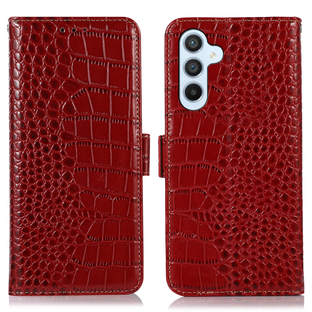 For Samsung Galaxy M54 5G / F54 5G RFID Blocking Wallet Case Genuine Cowhide Leather Crocodile Texture Stand Phone Cover