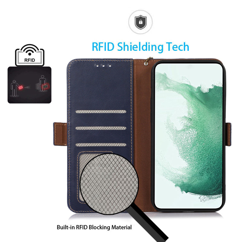 For Samsung Galaxy M54 5G / F54 5G RFID Blocking Walle Crazy Horse Texture Phone Cover Genuine Cowhide Leather Stand Case