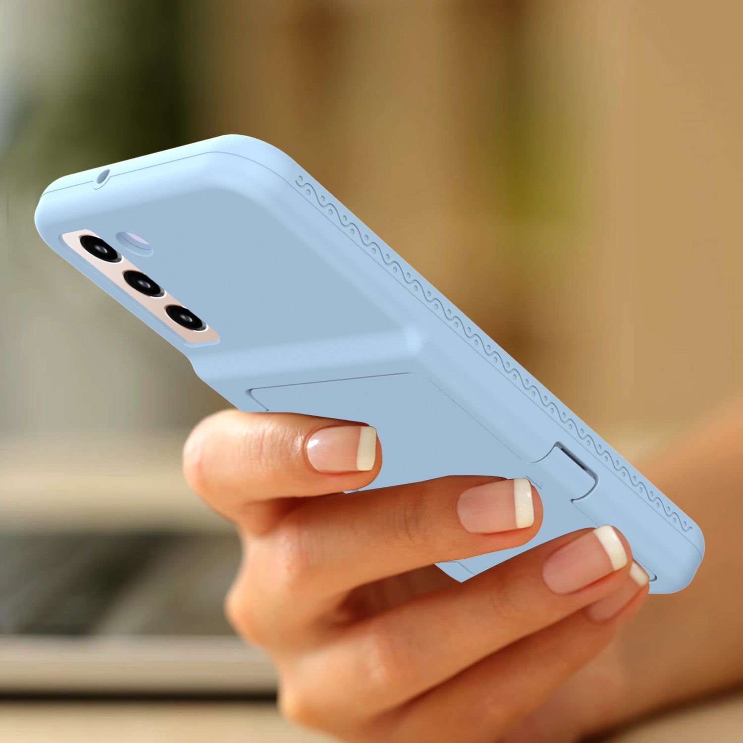 For Samsung Galaxy S22 5G Cardcase Series Card Holder Kickstand Case Thickened PC TPU Phone Cover with Mirror