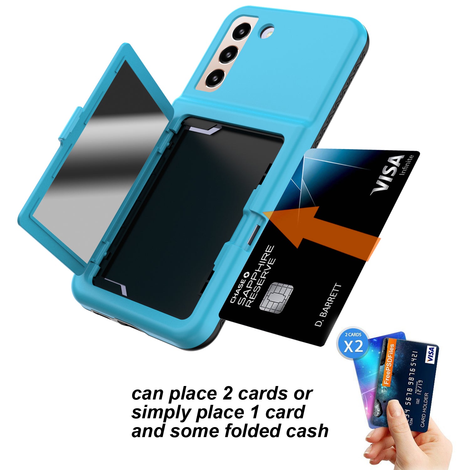 For Samsung Galaxy S22 5G Cardcase Series Card Holder Cover Hidden Mirror Thickened PC TPU Kickstand Phone Case