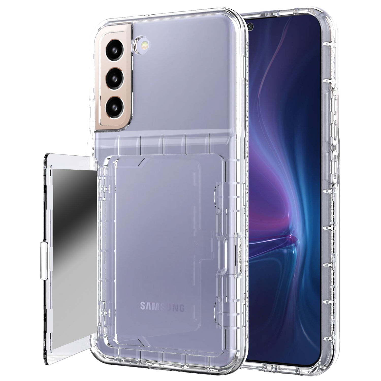 For Samsung Galaxy S22 5G Cardcase Series Card Holder Cover Hidden Mirror Thickened PC TPU Kickstand Phone Case