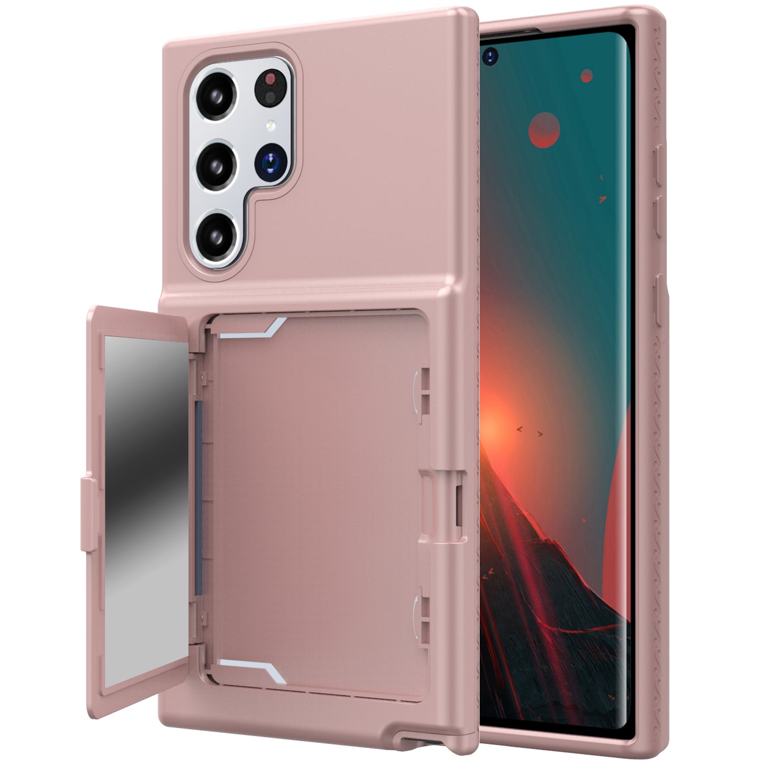 Cardcase Series Phone Case for Samsung Galaxy S22 Ultra 5G Kickstand PC TPU Cover with Mirror Card Holder