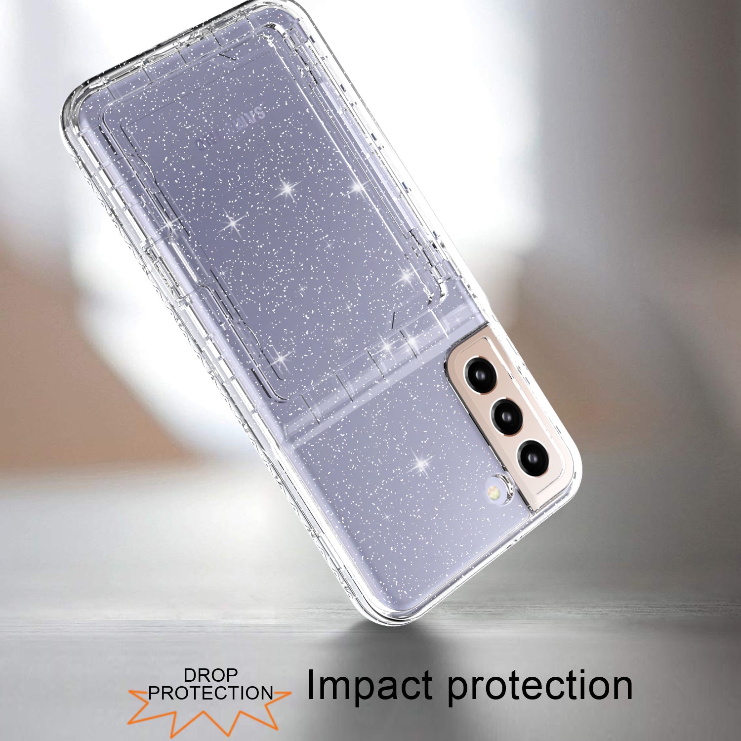 For Samsung Galaxy S22 5G Cardcase Series Glitter Phone Case Card Holder Kickstand Thickened PC + TPU Cover with Mirror - Transparent