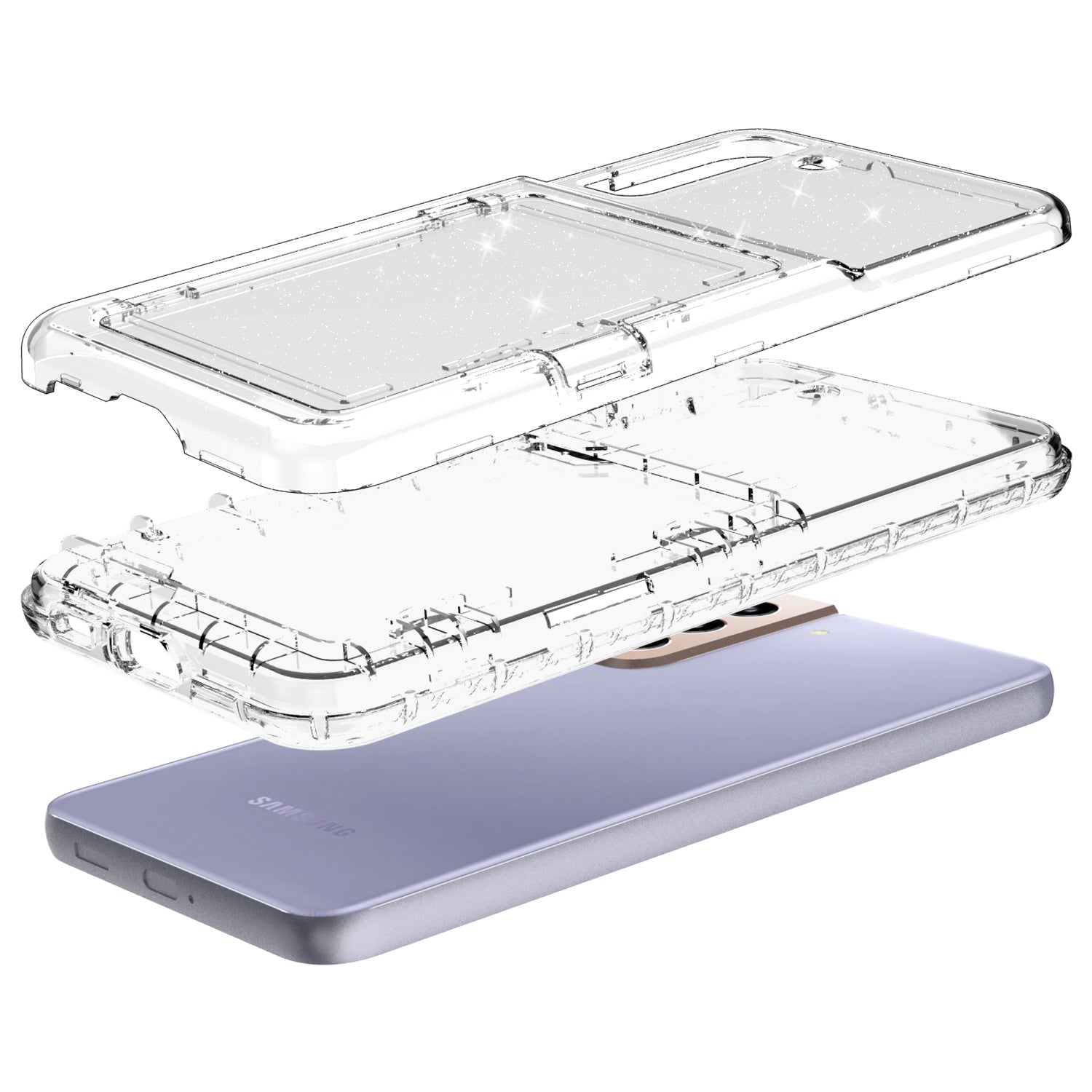 For Samsung Galaxy S22 5G Cardcase Series Glitter Phone Case Card Holder Kickstand Thickened PC + TPU Cover with Mirror - Transparent