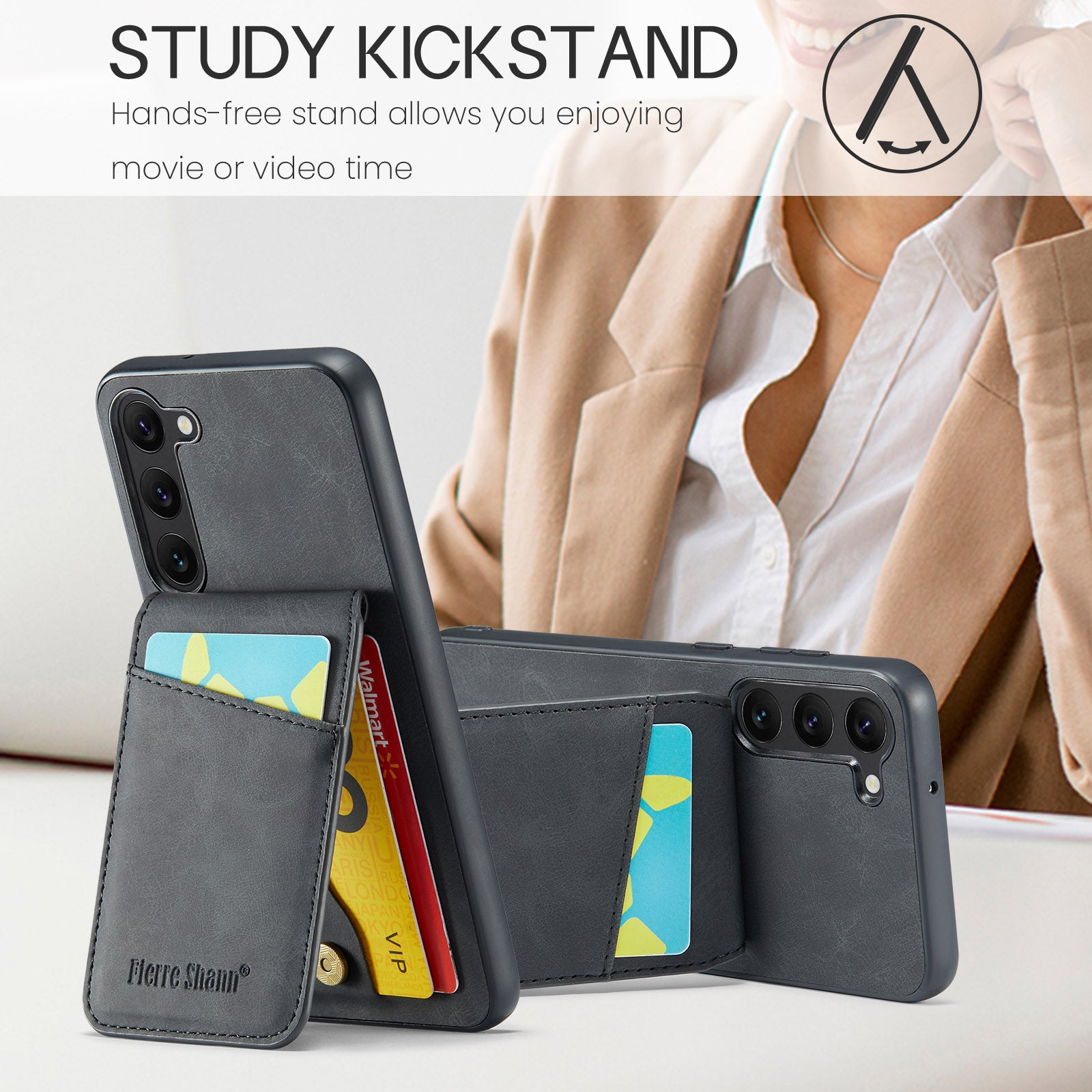 FIERRE SHANN For Samsung Galaxy S23 Phone Kickstand Case RFID Blocking Card Holder Leather TPU Cover