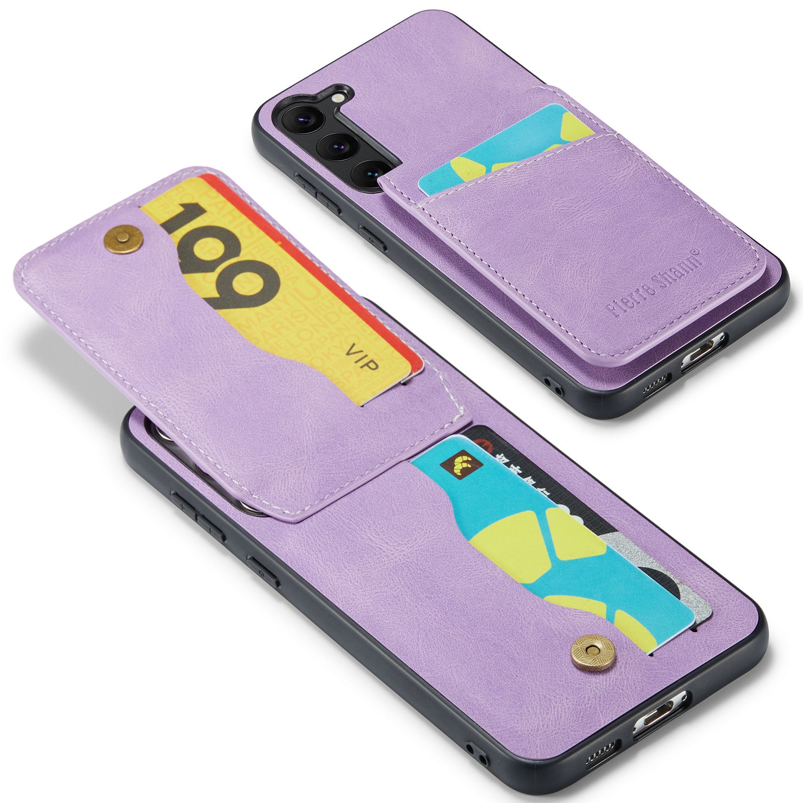FIERRE SHANN For Samsung Galaxy S23 Phone Kickstand Case RFID Blocking Card Holder Leather TPU Cover