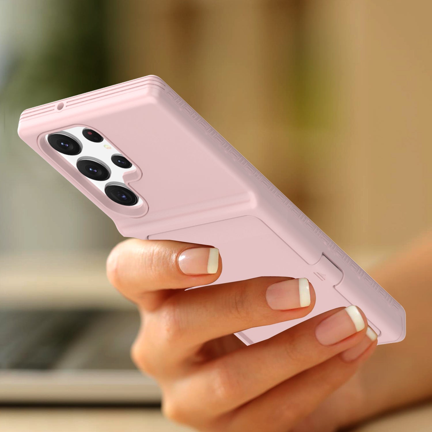For Samsung Galaxy S23 Ultra Cardcase Series PC TPU Phone Case Mirror Design Card Slots Kickstand Thickened Cover