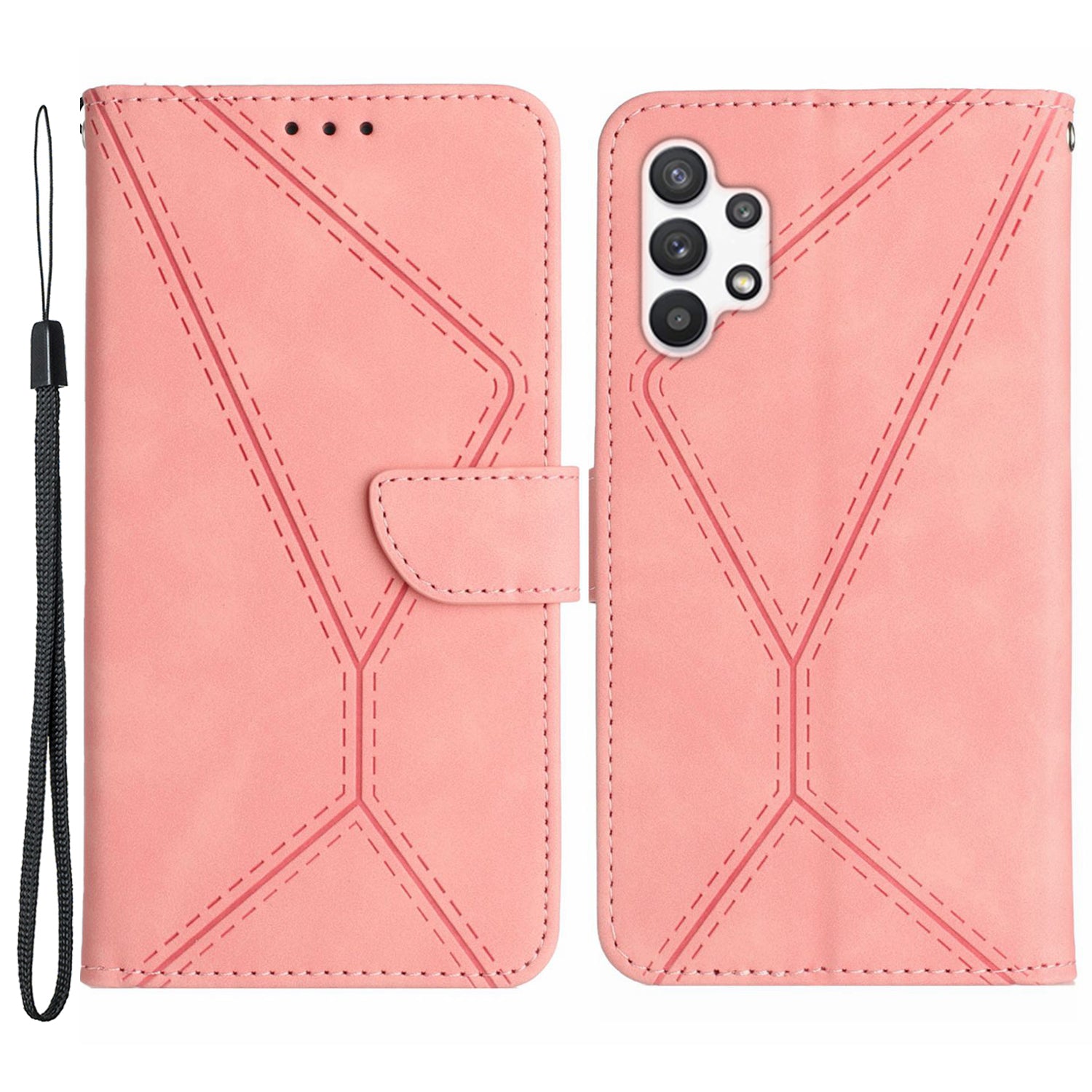 HT05 PU Leather Case for Samsung Galaxy A32 4G (EU Version) Imprinted Line Wallet Stand Skin-touch Cover