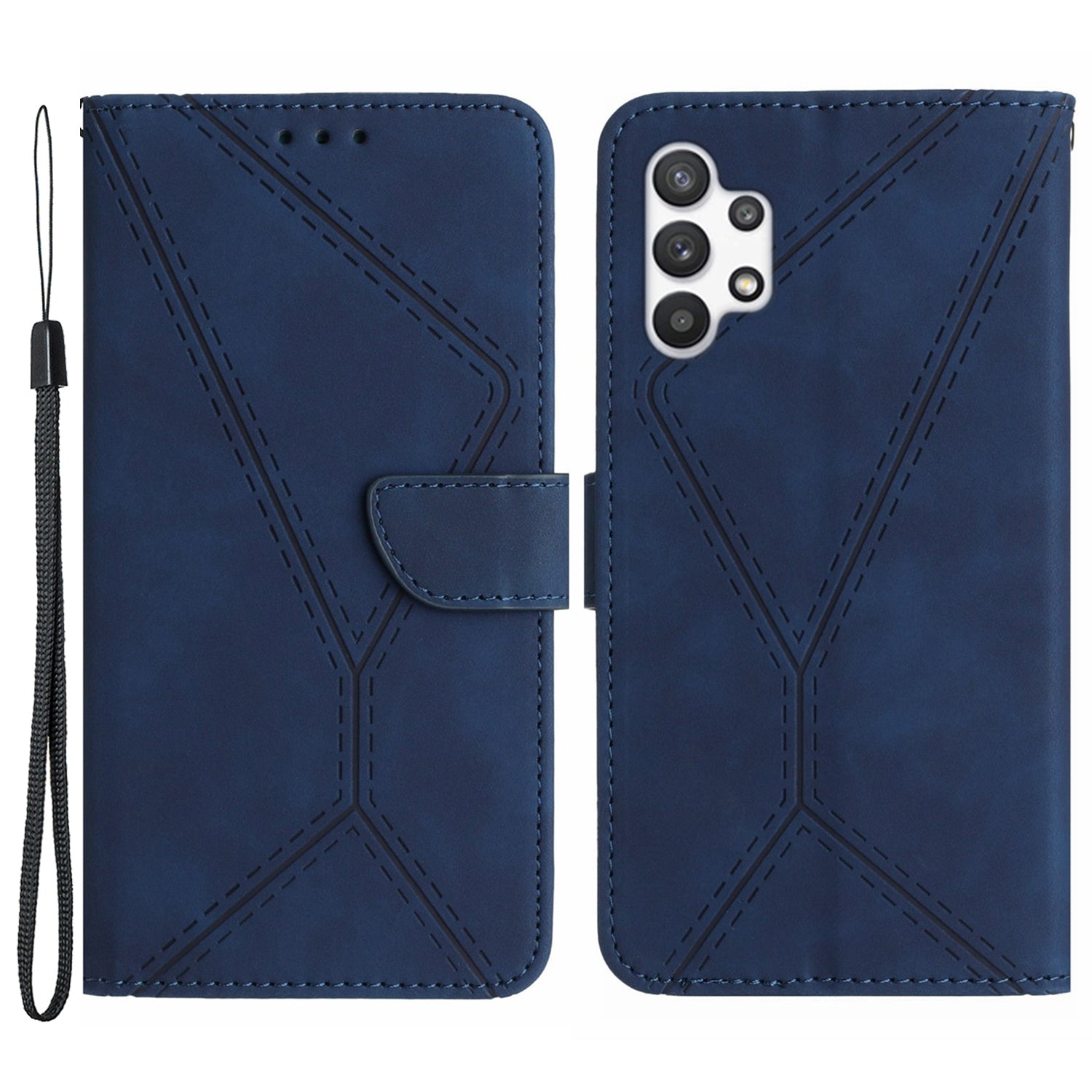 HT05 PU Leather Case for Samsung Galaxy A32 4G (EU Version) Imprinted Line Wallet Stand Skin-touch Cover