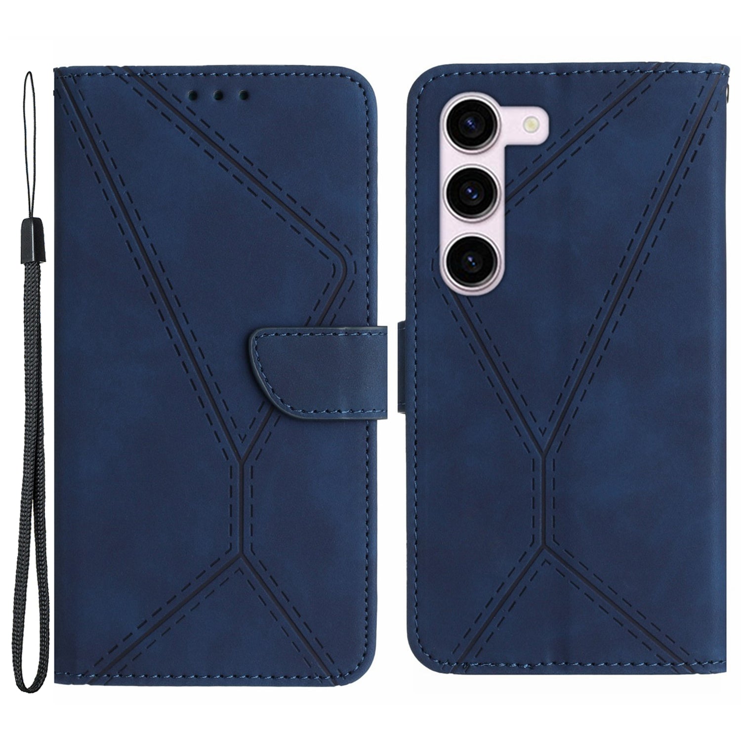 HT05 For Samsung Galaxy S23 PU Leather Skin-touch Phone Case Wallet Imprinted Line Flip Stand Cover