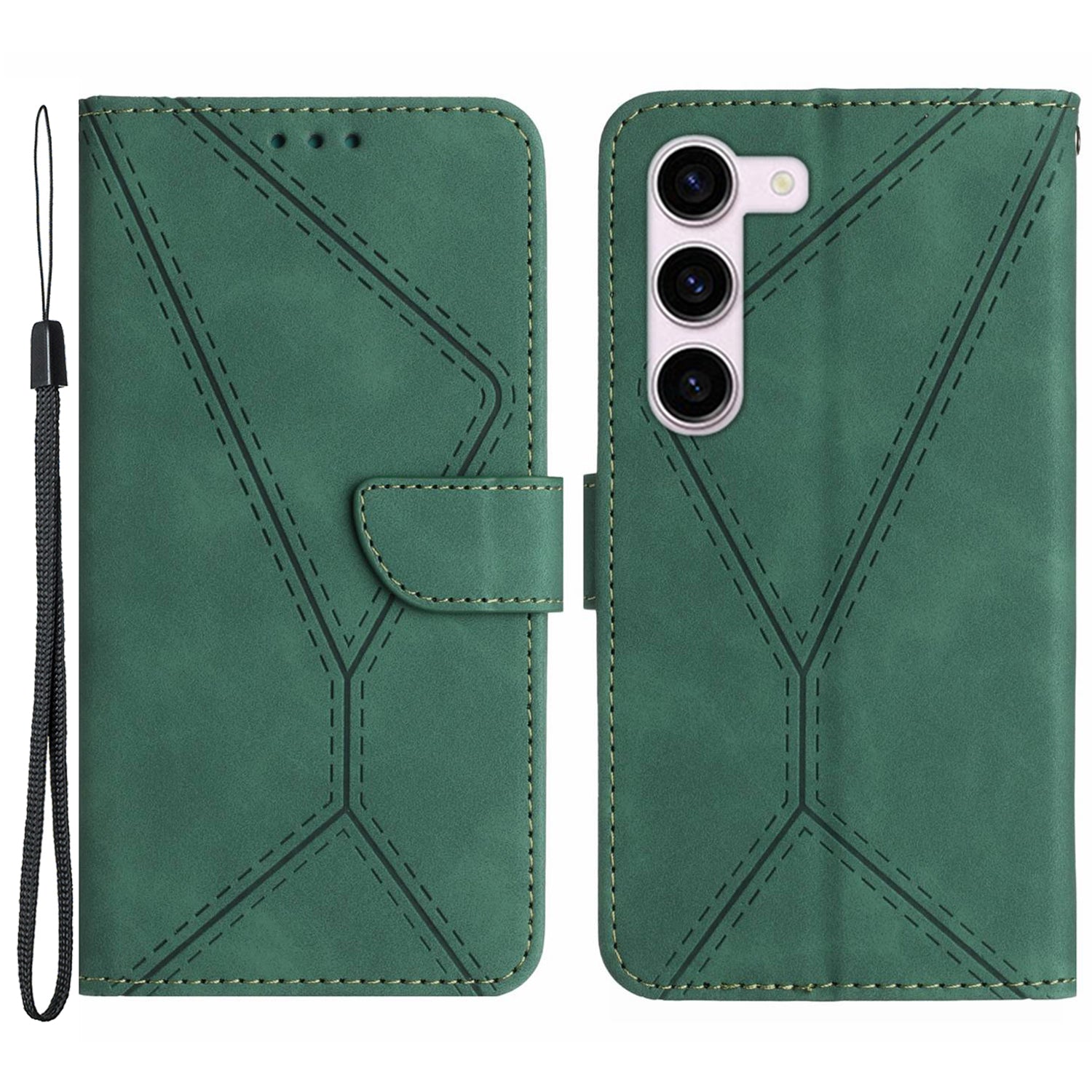 HT05 For Samsung Galaxy S23 PU Leather Skin-touch Phone Case Wallet Imprinted Line Flip Stand Cover