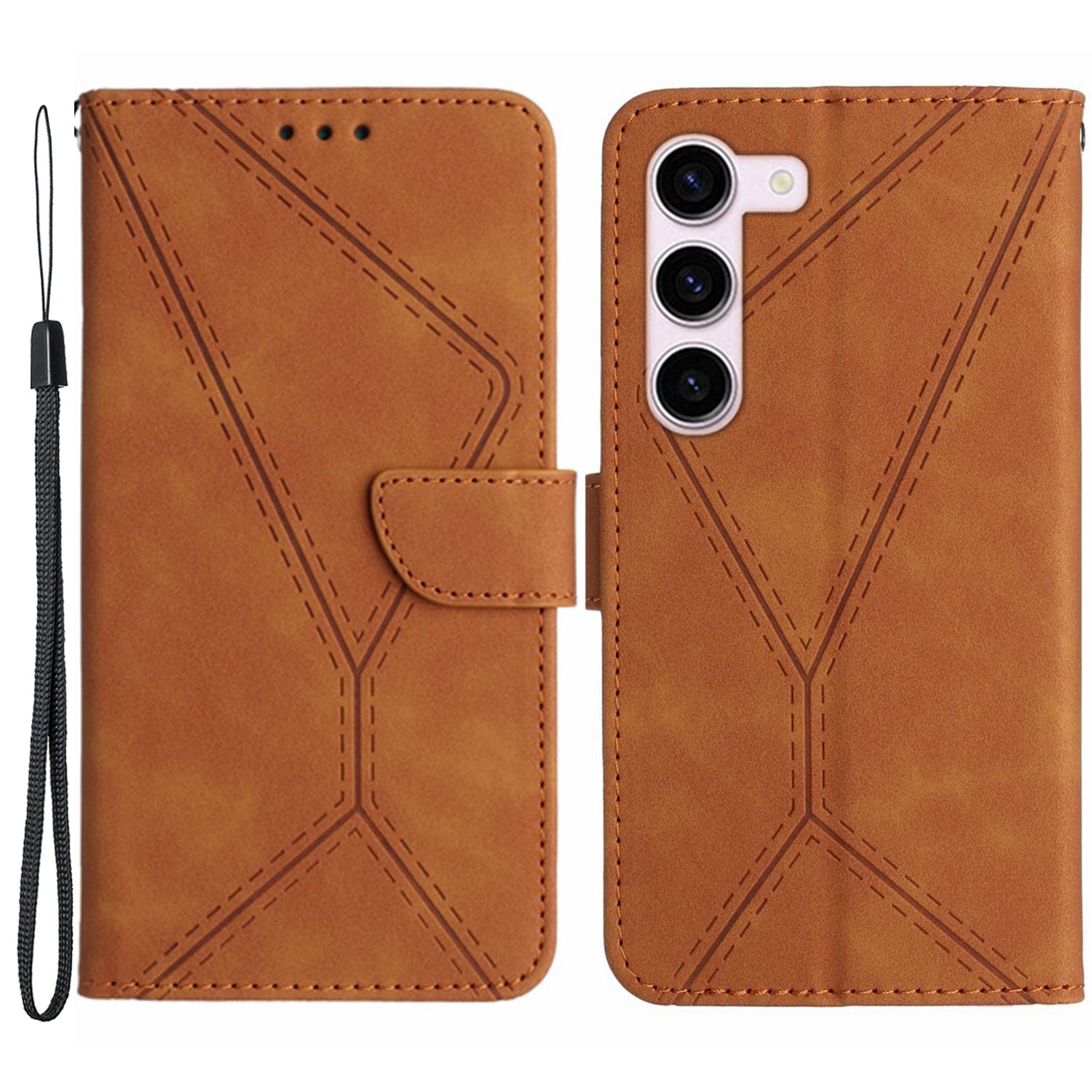 HT05 For Samsung Galaxy S23 PU Leather Skin-touch Phone Case Wallet Imprinted Line Flip Stand Cover