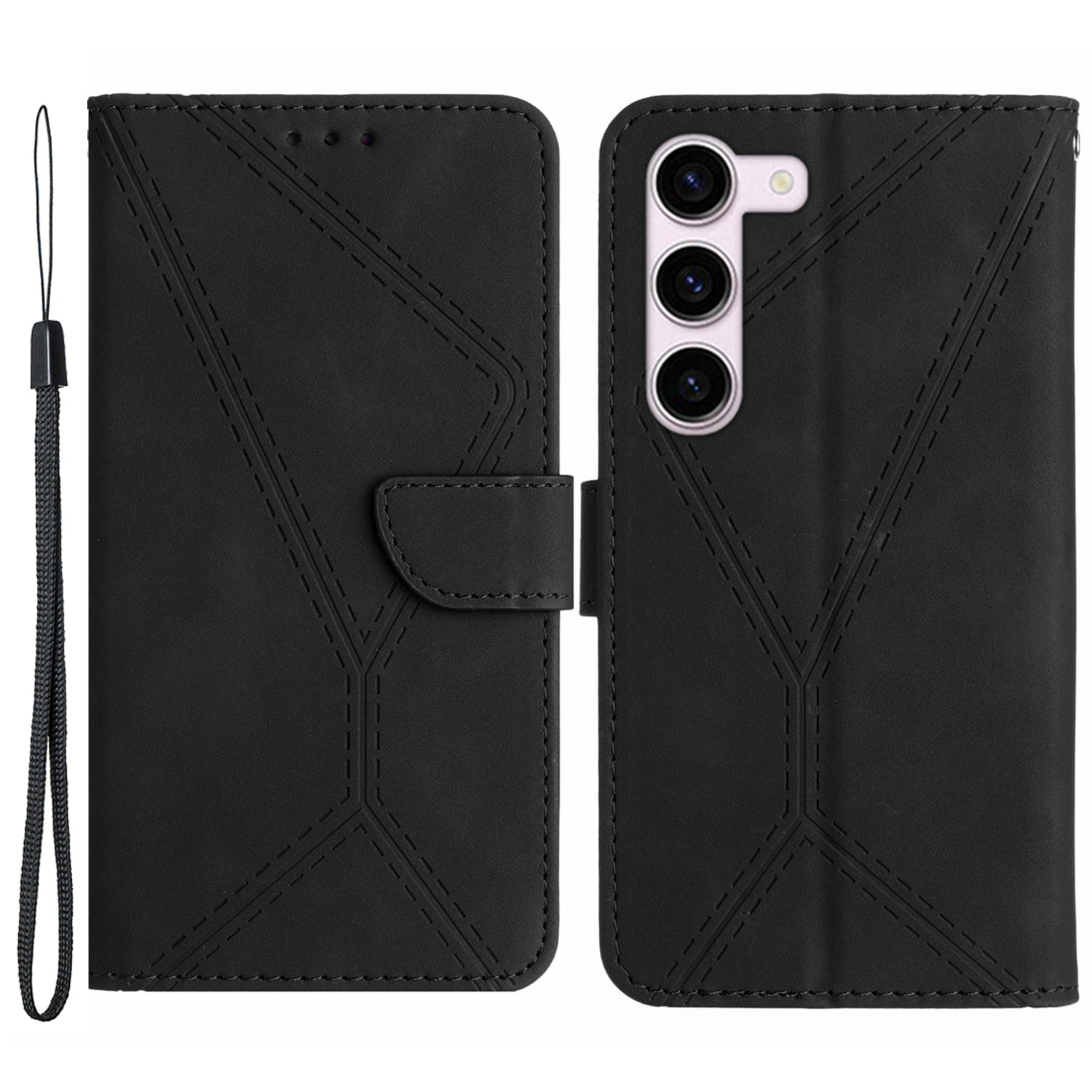 HT05 For Samsung Galaxy S23 PU Leather Skin-touch Phone Case Wallet Imprinted Line Flip Stand Cover