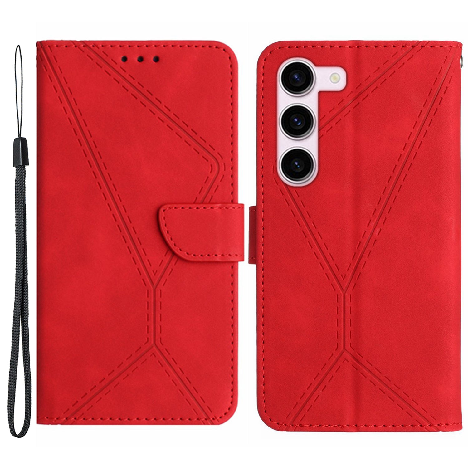 HT05 For Samsung Galaxy S23 PU Leather Skin-touch Phone Case Wallet Imprinted Line Flip Stand Cover