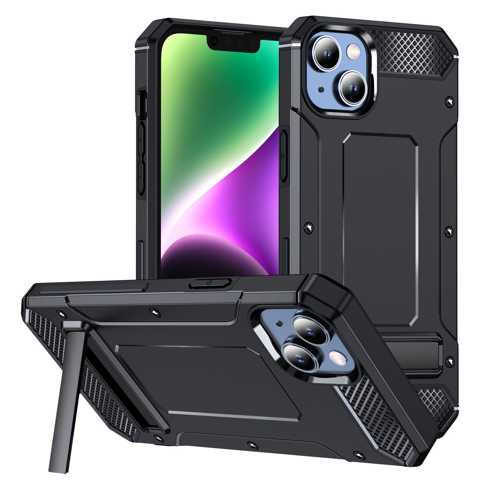 For iPhone 13 14 Kickstand Phone Case PC+TPU Military Grade 10ft Drop Tested Rubberized Back Cover
