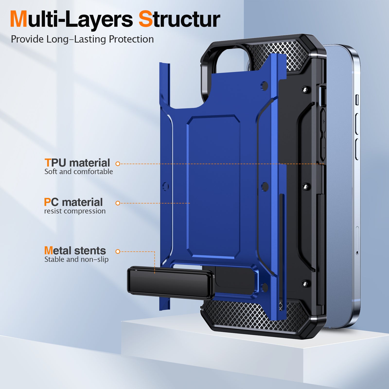 For iPhone 13 14 Kickstand Phone Case PC+TPU Military Grade 10ft Drop Tested Rubberized Back Cover