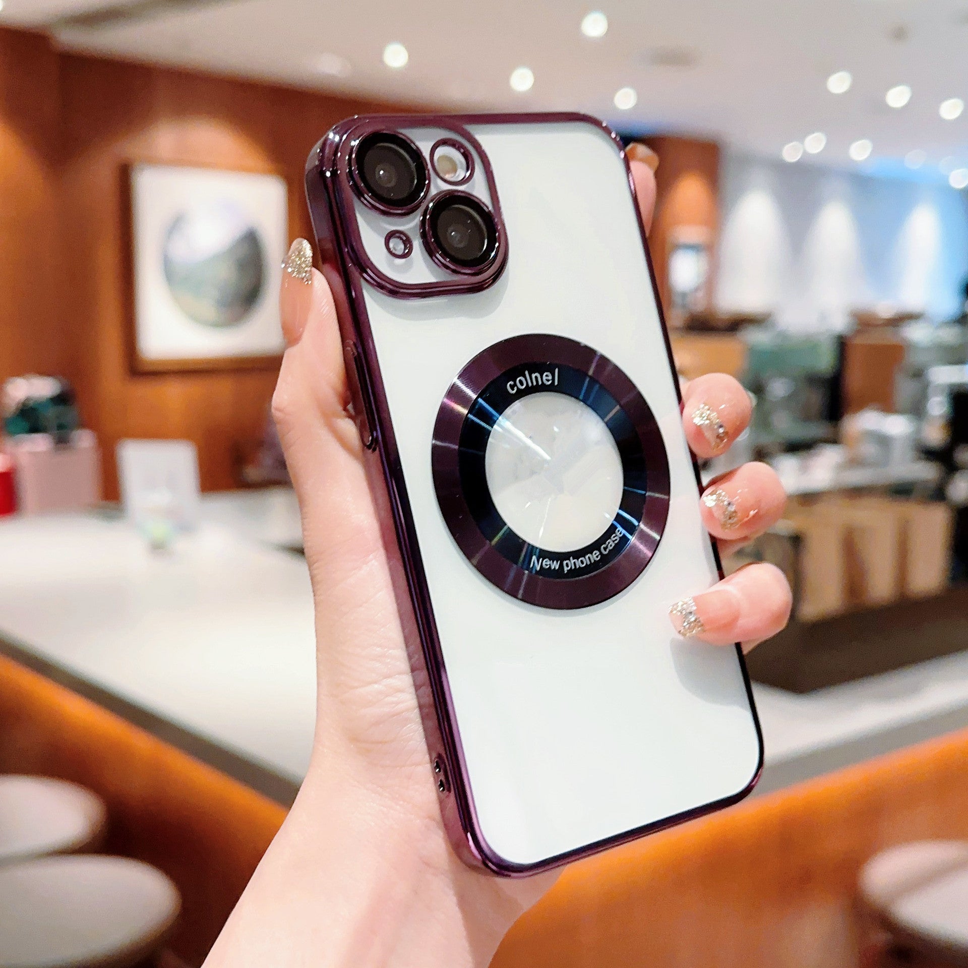 For iPhone 13 Electroplated Hard PC Case Acrylic Magnifier Logo View Magnetic Clear Phone Cover