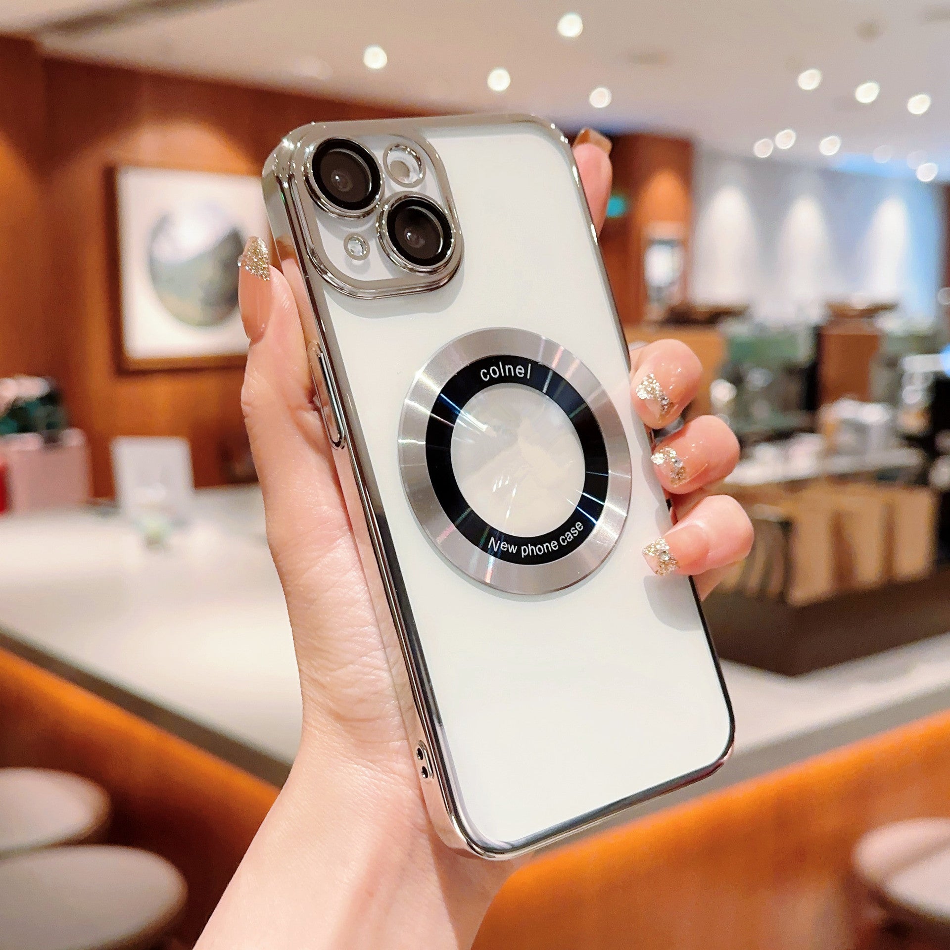 For iPhone 13 Electroplated Hard PC Case Acrylic Magnifier Logo View Magnetic Clear Phone Cover