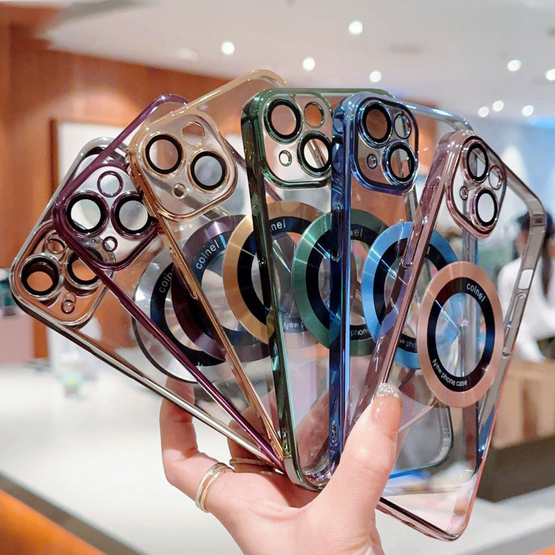 For iPhone 13 Electroplated Hard PC Case Acrylic Magnifier Logo View Magnetic Clear Phone Cover