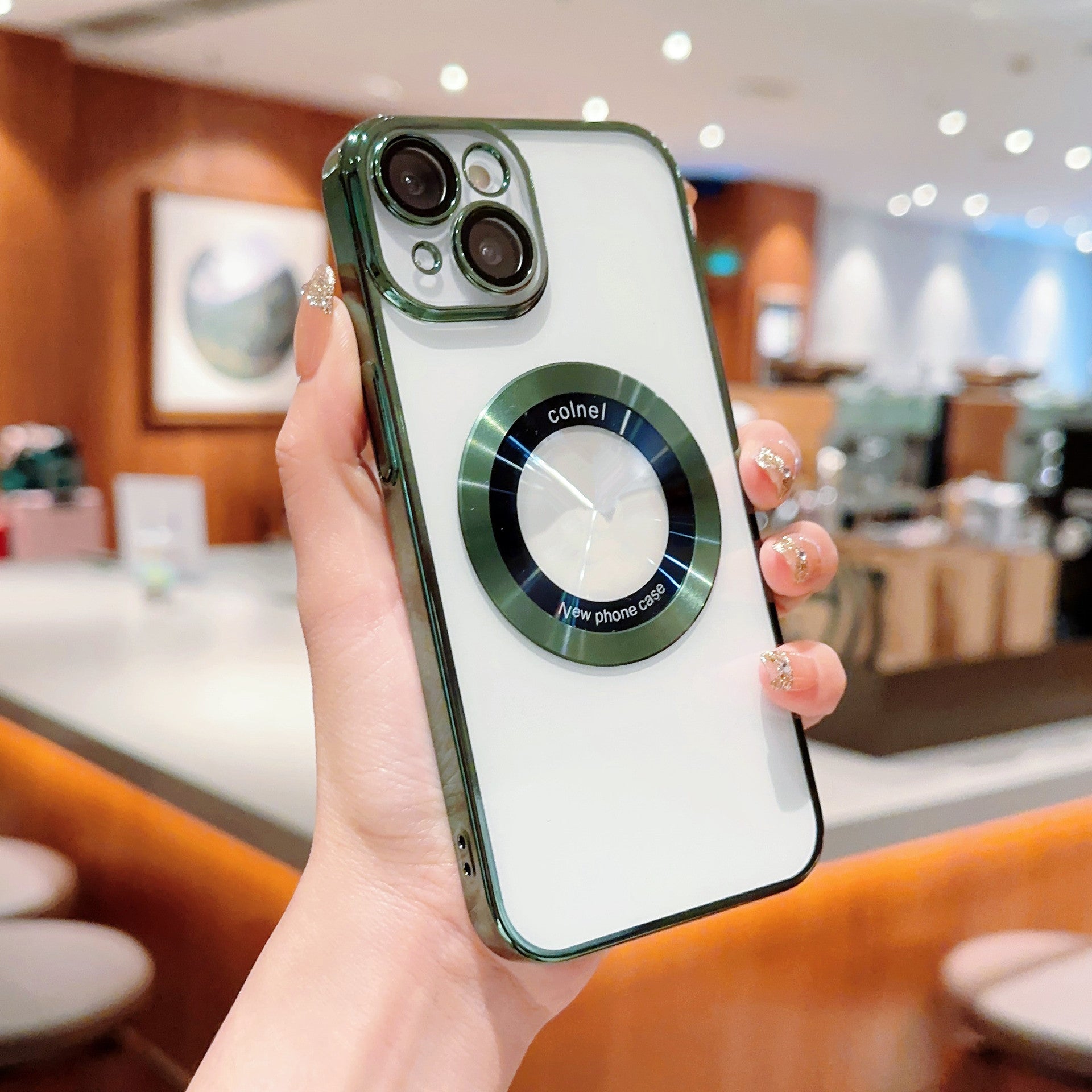 For iPhone 13 Electroplated Hard PC Case Acrylic Magnifier Logo View Magnetic Clear Phone Cover