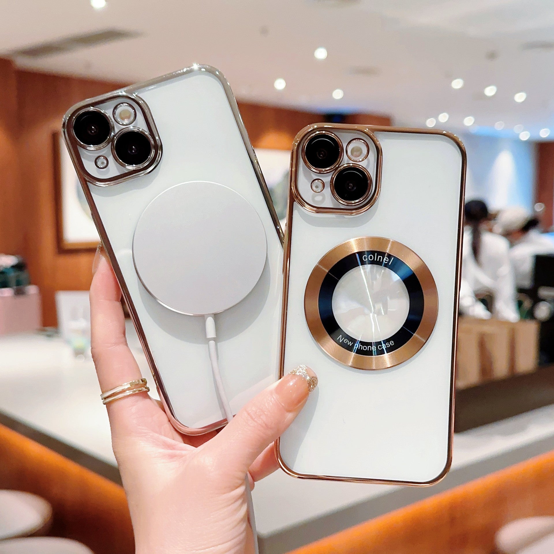 For iPhone 13 Electroplated Hard PC Case Acrylic Magnifier Logo View Magnetic Clear Phone Cover