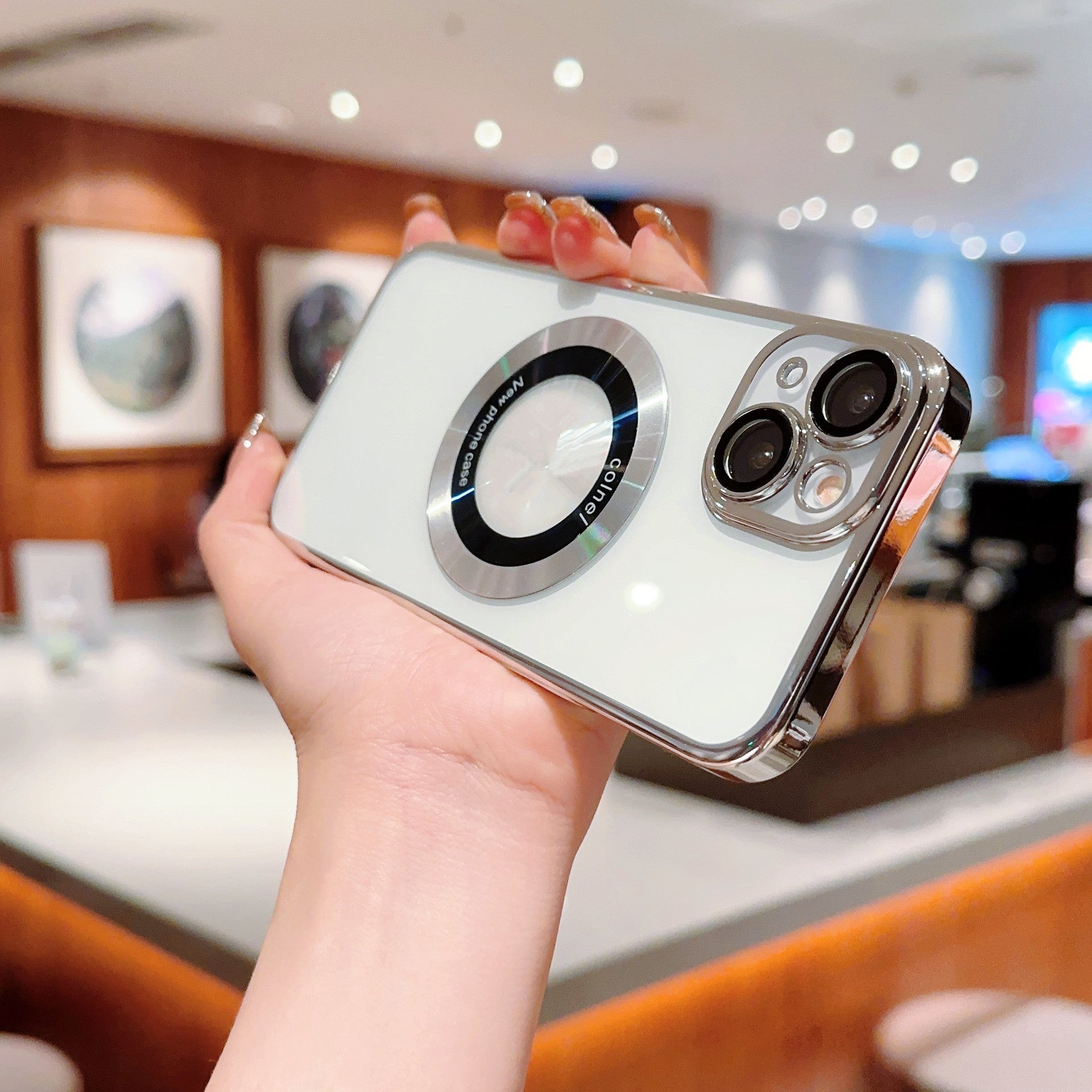 For iPhone 13 Electroplated Hard PC Case Acrylic Magnifier Logo View Magnetic Clear Phone Cover