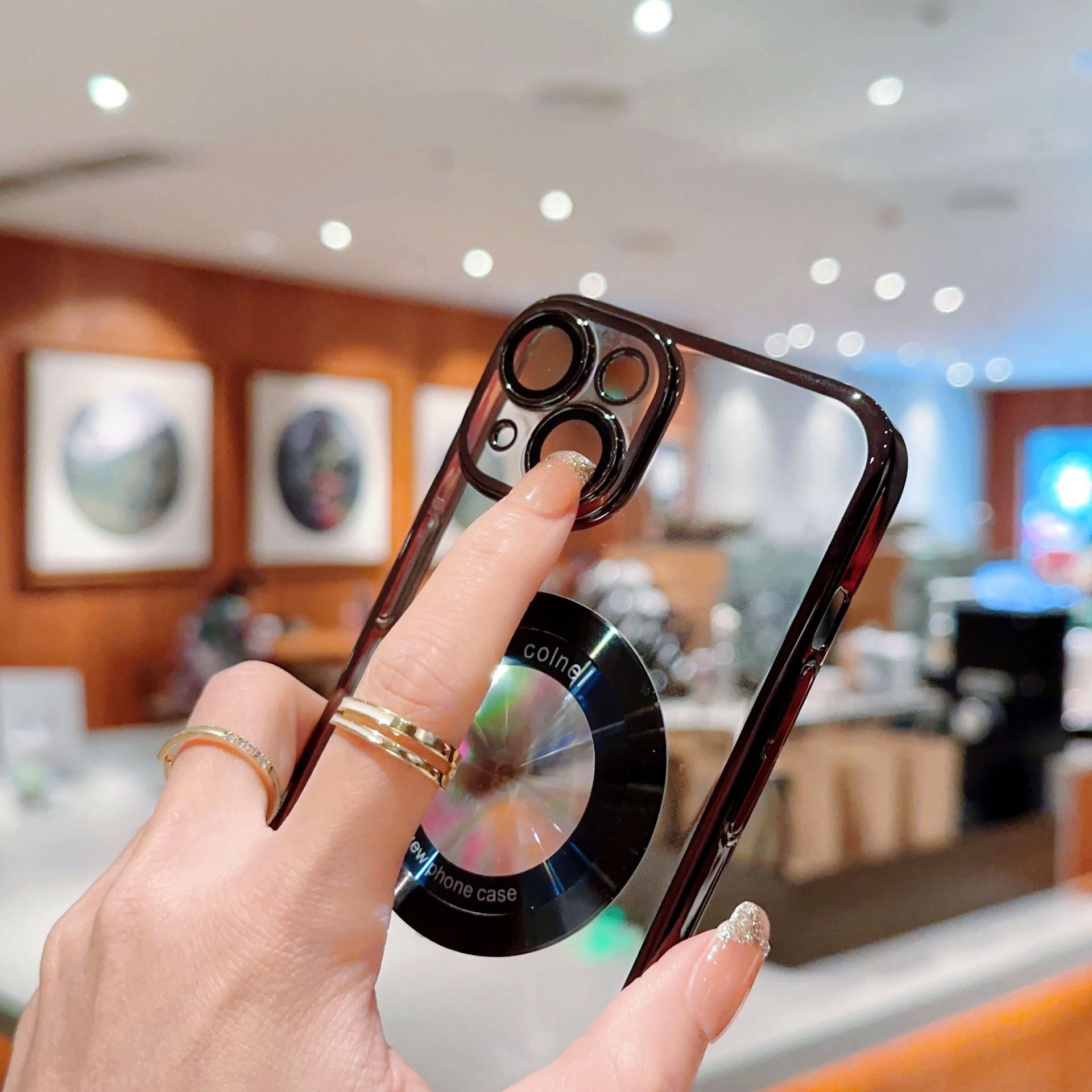 For iPhone 13 Electroplated Hard PC Case Acrylic Magnifier Logo View Magnetic Clear Phone Cover