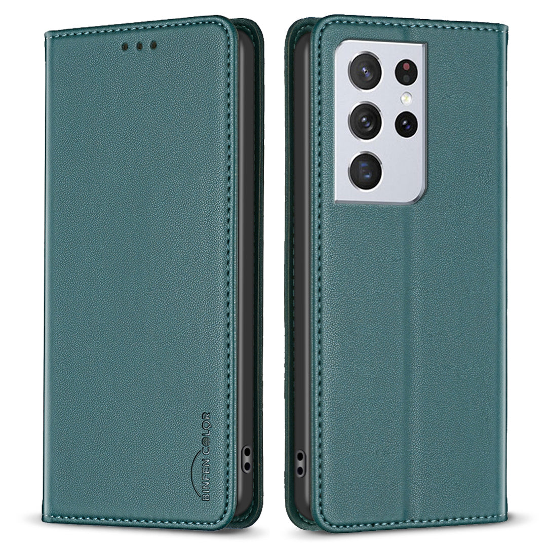 BINFEN COLOR BF18 Leather Phone Case for Samsung Galaxy S21 Ultra 5G Phone Cover with Stand Card Holder