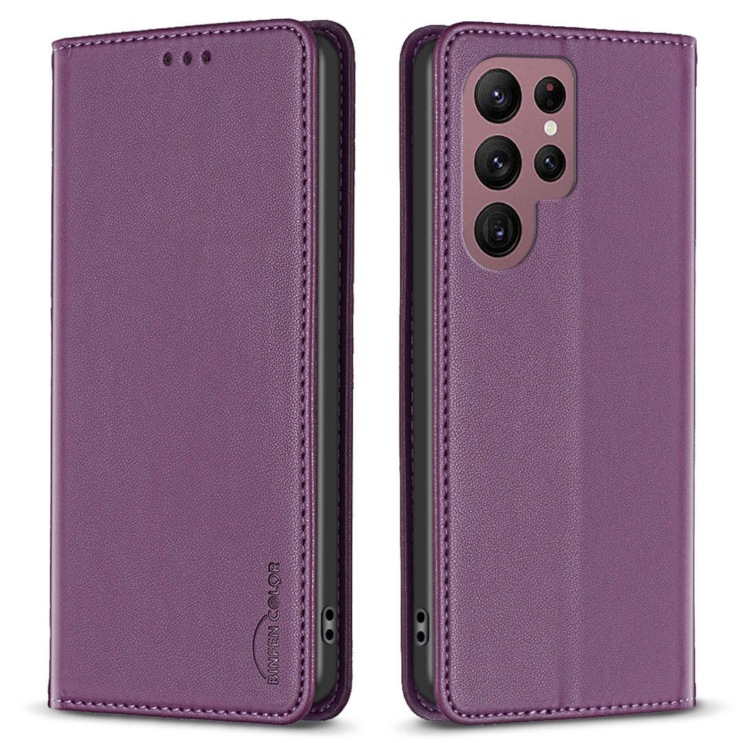BINFEN COLOR BF18 For Samsung Galaxy S22 Ultra 5G PU Leather Phone Cover Card Holder Stand Hidden Magnetic Adsorption Case