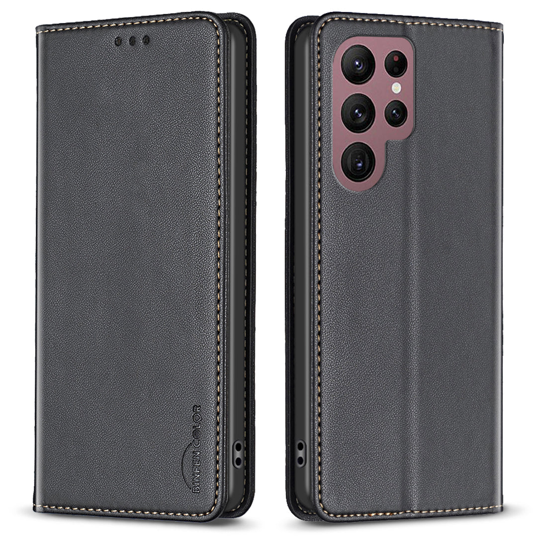 BINFEN COLOR BF18 For Samsung Galaxy S22 Ultra 5G PU Leather Phone Cover Card Holder Stand Hidden Magnetic Adsorption Case