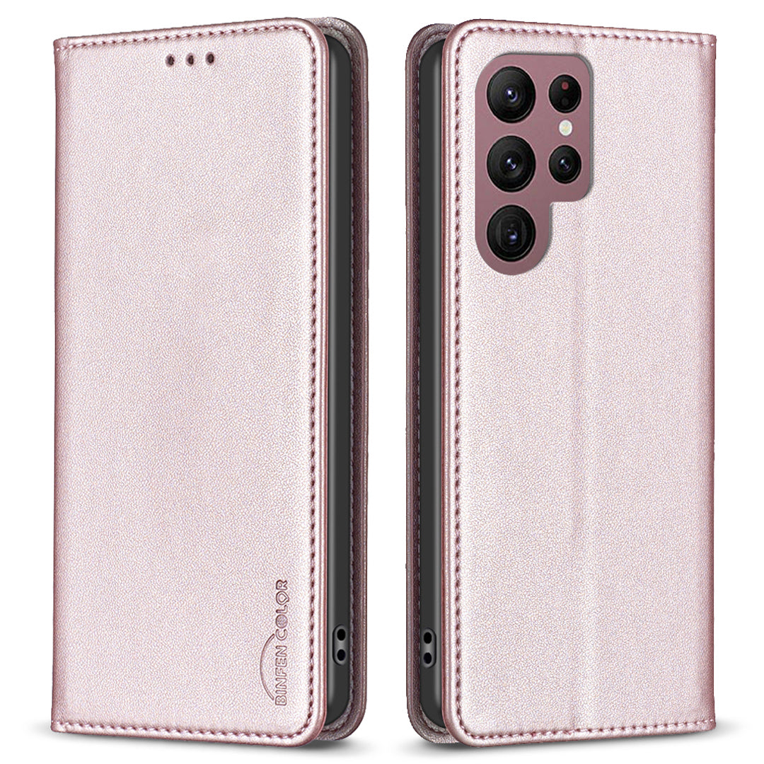 BINFEN COLOR BF18 For Samsung Galaxy S22 Ultra 5G PU Leather Phone Cover Card Holder Stand Hidden Magnetic Adsorption Case