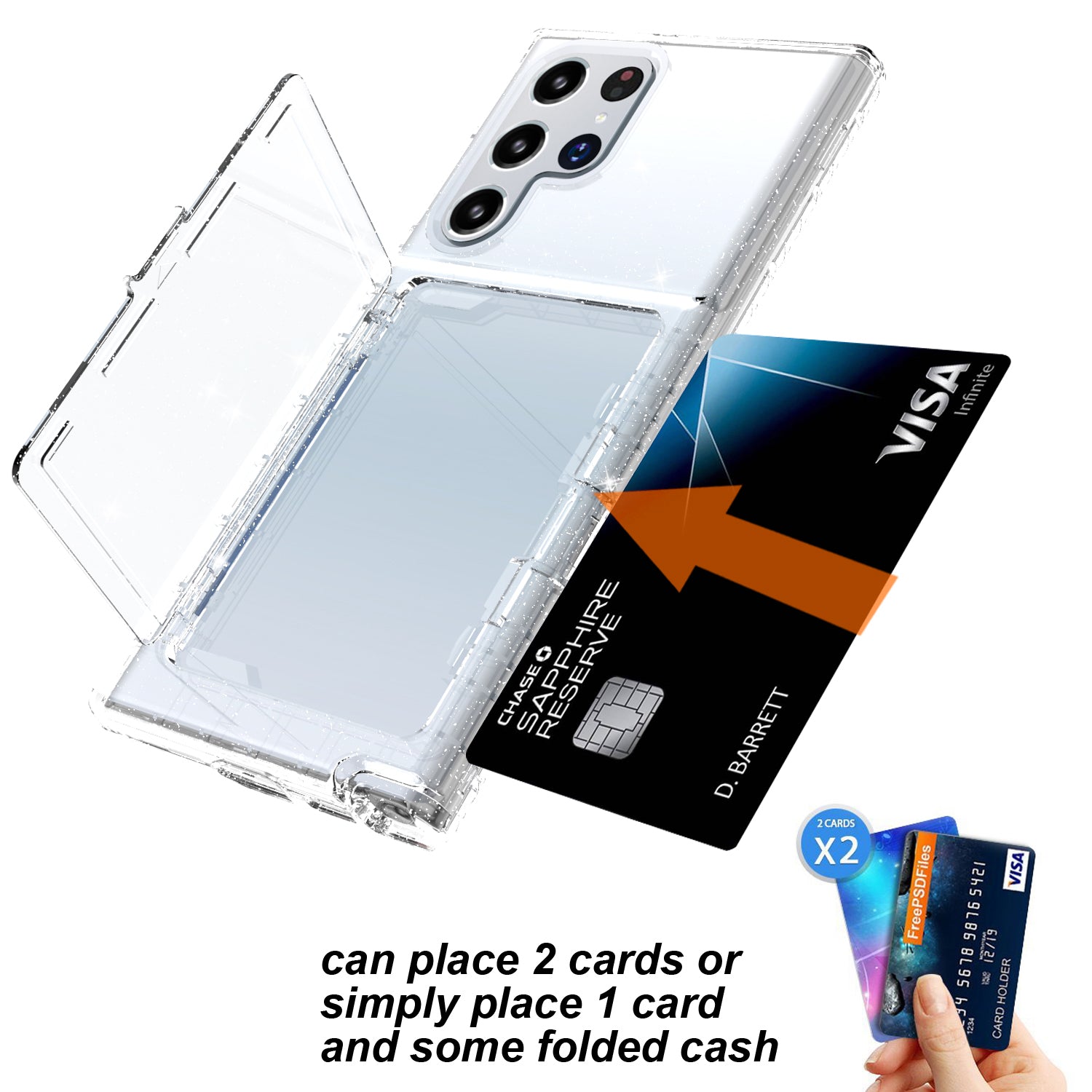 For Samsung Galaxy S22 Ultra 5G Cardcase Series Glitter Shockproof Cover Kickstand Thickened PC + TPU Phone Case with Card Holder / Mirror - Transparent