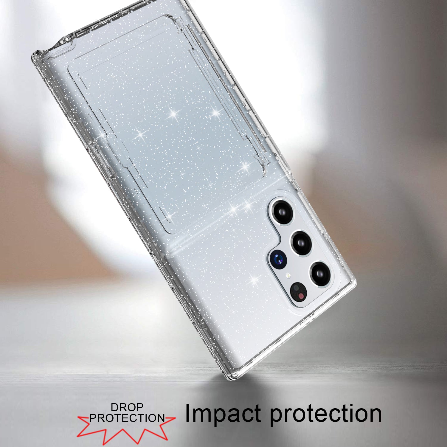 For Samsung Galaxy S22 Ultra 5G Cardcase Series Glitter Shockproof Cover Kickstand Thickened PC + TPU Phone Case with Card Holder / Mirror - Transparent