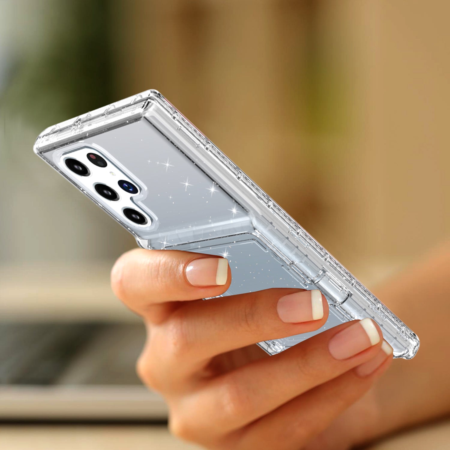 For Samsung Galaxy S22 Ultra 5G Cardcase Series Glitter Shockproof Cover Kickstand Thickened PC + TPU Phone Case with Card Holder / Mirror - Transparent