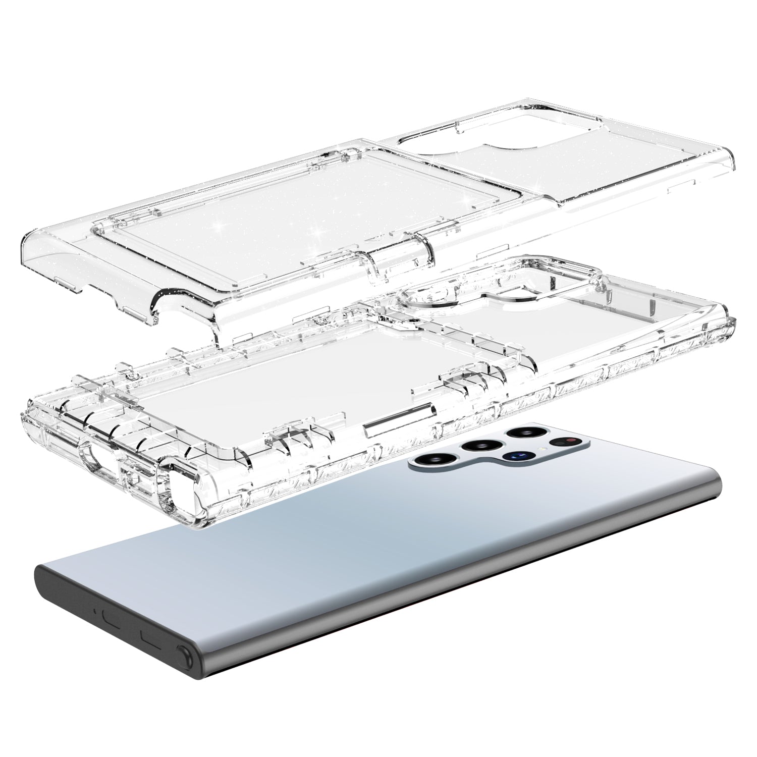 For Samsung Galaxy S22 Ultra 5G Cardcase Series Glitter Shockproof Cover Kickstand Thickened PC + TPU Phone Case with Card Holder / Mirror - Transparent