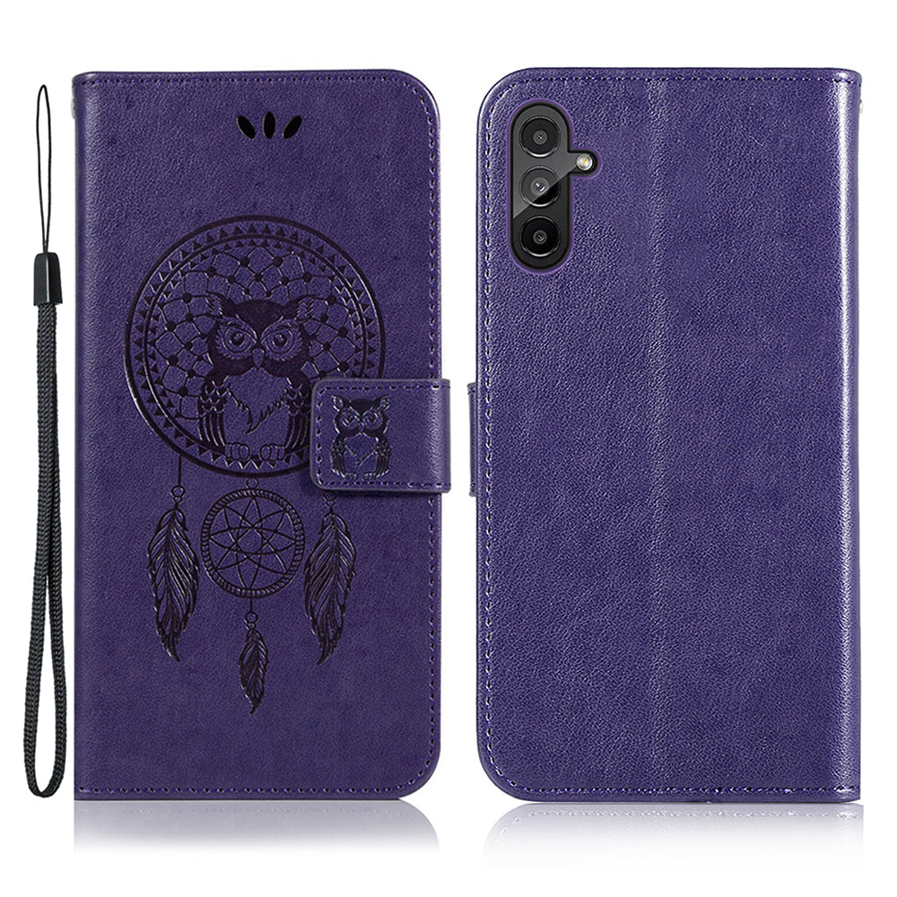 For Samsung Galaxy A14 4G / 5G Wallet Case PU Leather Stand Owl Dream Catcher Pattern Imprinted Phone Cover