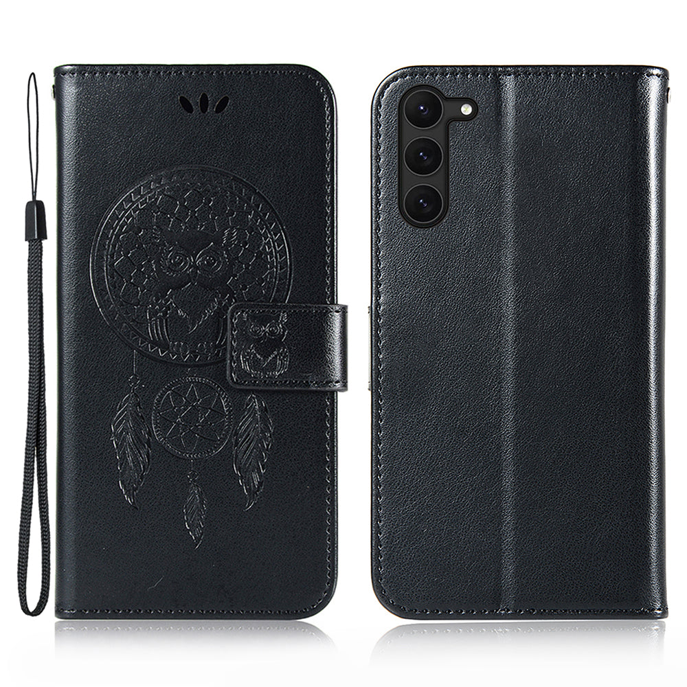 For Samsung Galaxy S23 PU Leather Phone Case Wallet Stand Owl Dream Catcher Pattern Imprinted Cover
