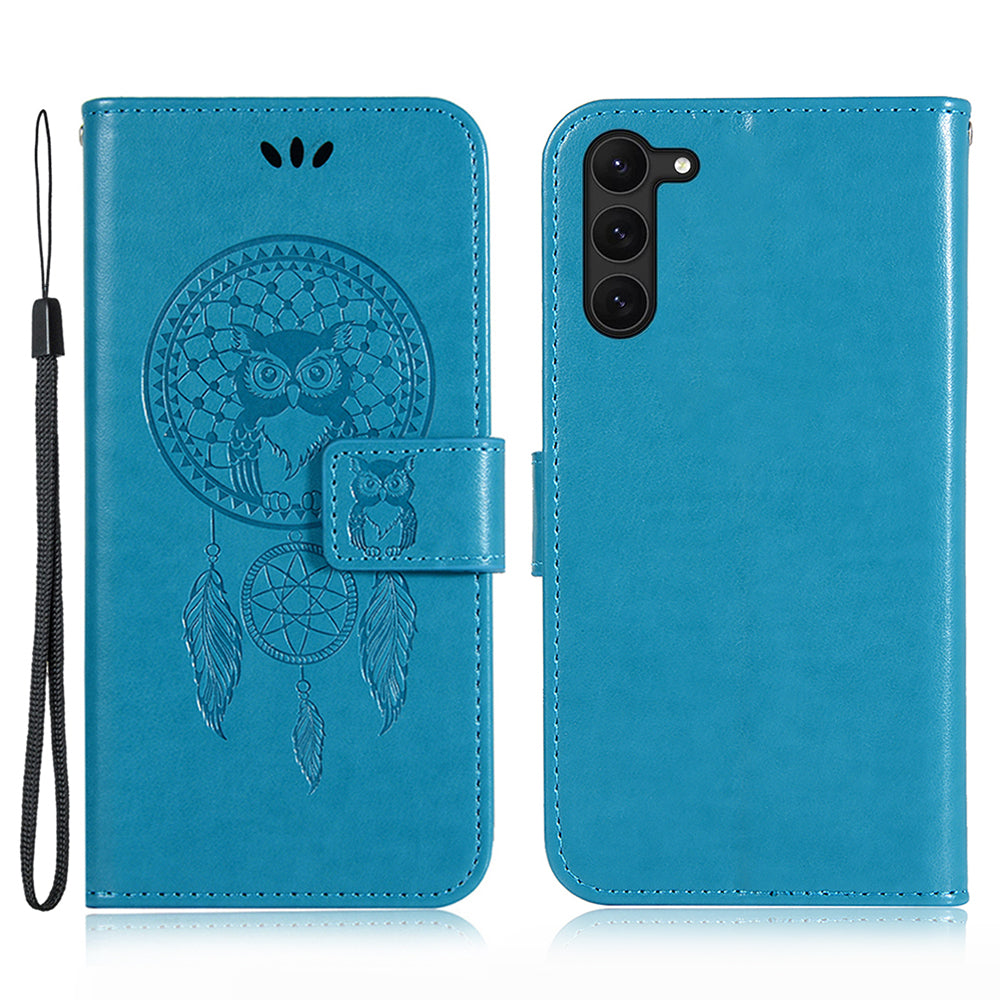 For Samsung Galaxy S23 PU Leather Phone Case Wallet Stand Owl Dream Catcher Pattern Imprinted Cover