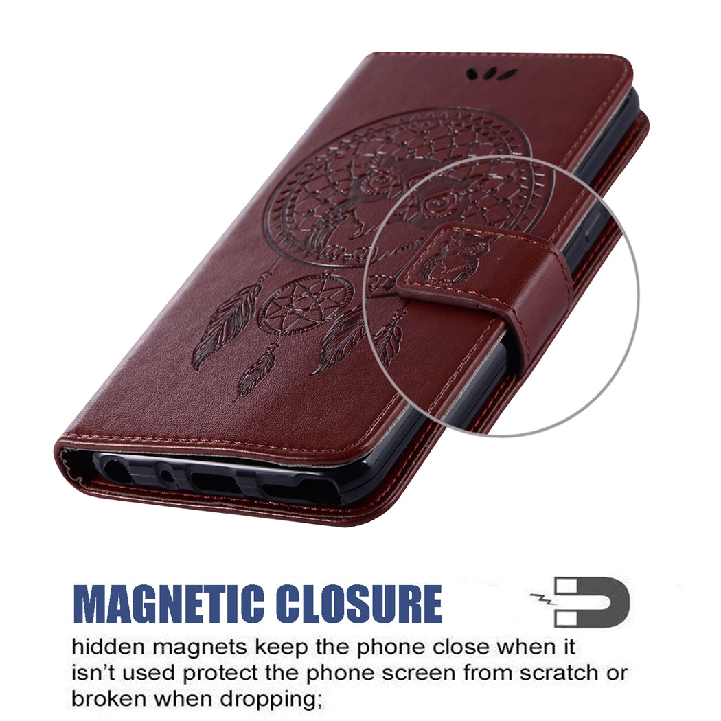 For Samsung Galaxy S23 PU Leather Phone Case Wallet Stand Owl Dream Catcher Pattern Imprinted Cover