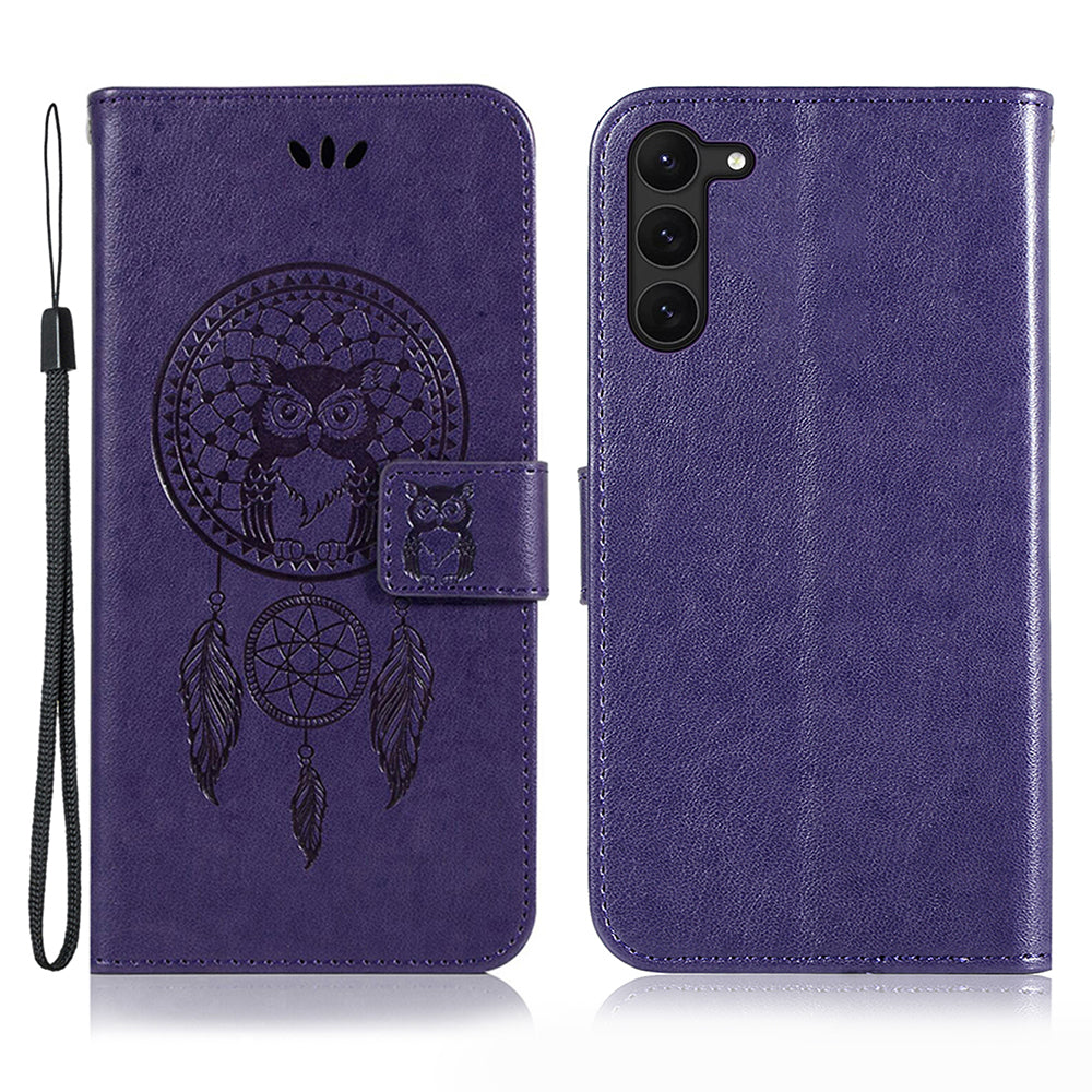For Samsung Galaxy S23 PU Leather Phone Case Wallet Stand Owl Dream Catcher Pattern Imprinted Cover
