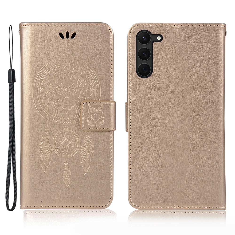 For Samsung Galaxy S23 PU Leather Phone Case Wallet Stand Owl Dream Catcher Pattern Imprinted Cover
