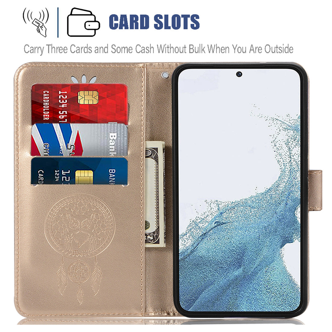 For Samsung Galaxy S23 PU Leather Phone Case Wallet Stand Owl Dream Catcher Pattern Imprinted Cover