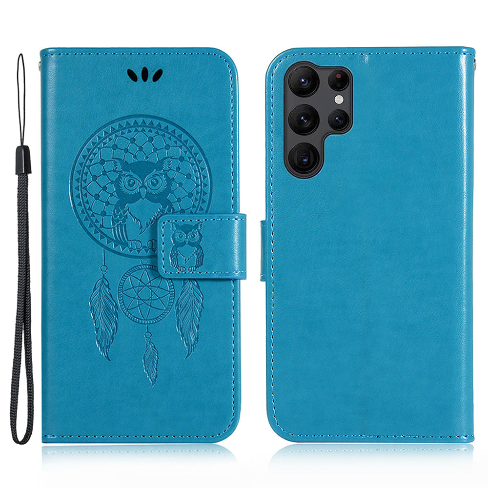 For Samsung Galaxy S23 Ultra PU Leather Flip Case Owl Dream Catcher Pattern Imprinted Wallet Stand Phone Cover