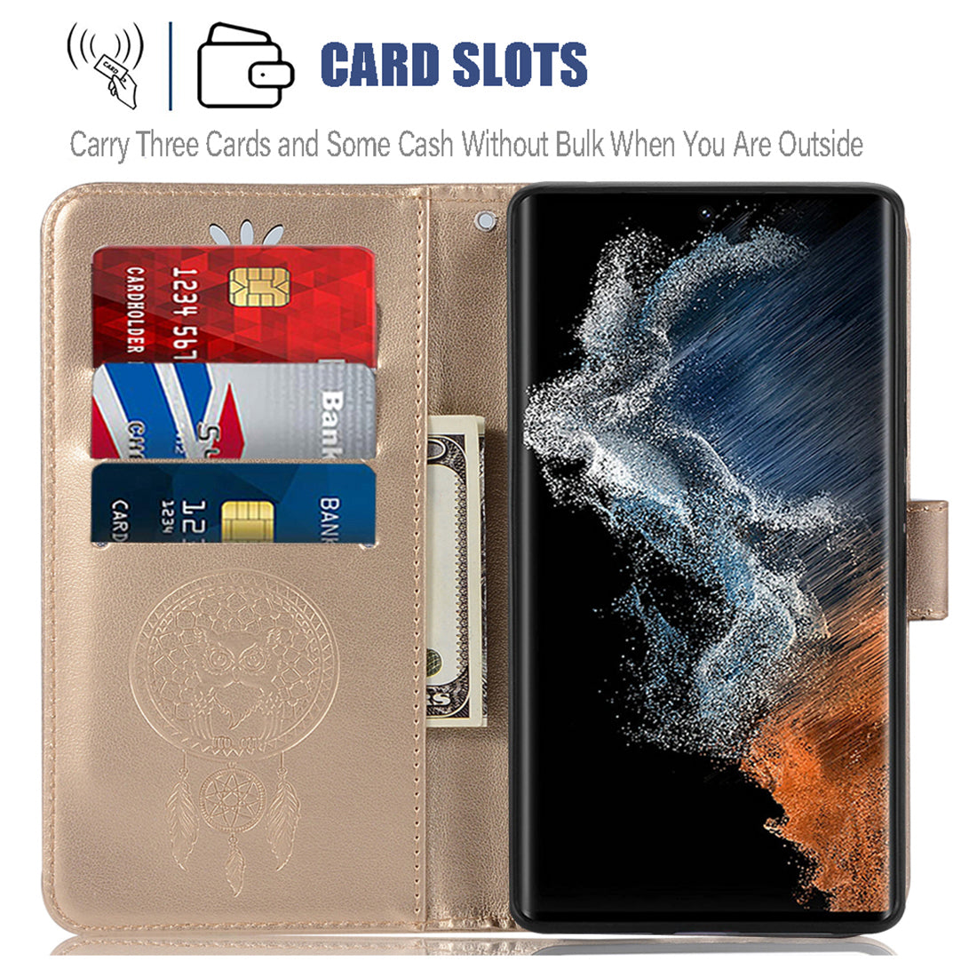 For Samsung Galaxy S23 Ultra PU Leather Flip Case Owl Dream Catcher Pattern Imprinted Wallet Stand Phone Cover