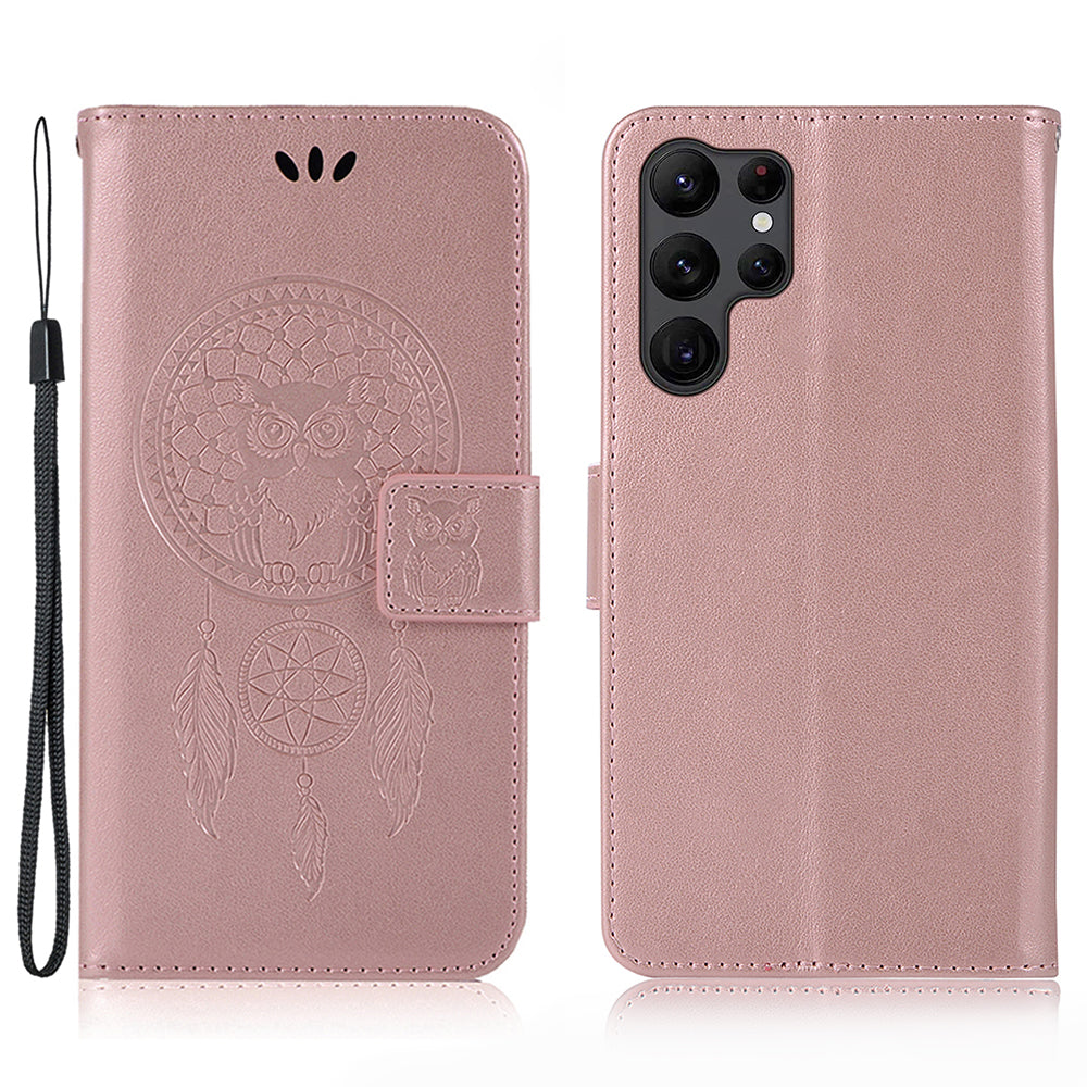 For Samsung Galaxy S23 Ultra PU Leather Flip Case Owl Dream Catcher Pattern Imprinted Wallet Stand Phone Cover