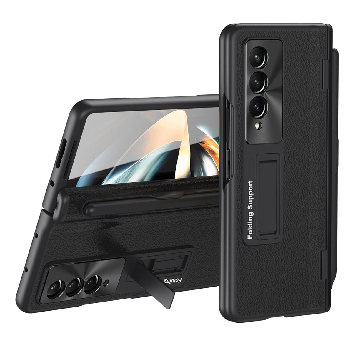 For Samsung Galaxy Z Fold3 5G Hinged Kickstand Case PU Leather PC Phone Cover with Stylus and Tempered Glass Film