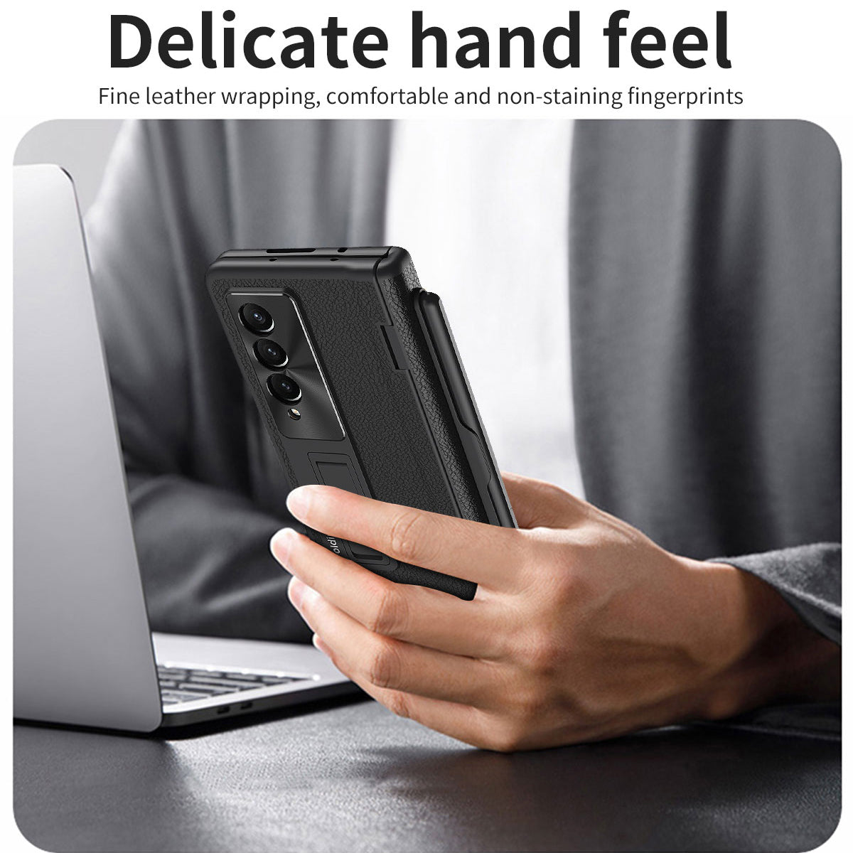 For Samsung Galaxy Z Fold3 5G Hinged Kickstand Case PU Leather PC Phone Cover with Stylus and Tempered Glass Film
