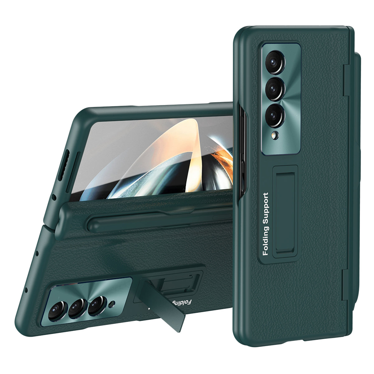 For Samsung Galaxy Z Fold3 5G Hinged Kickstand Case PU Leather PC Phone Cover with Stylus and Tempered Glass Film
