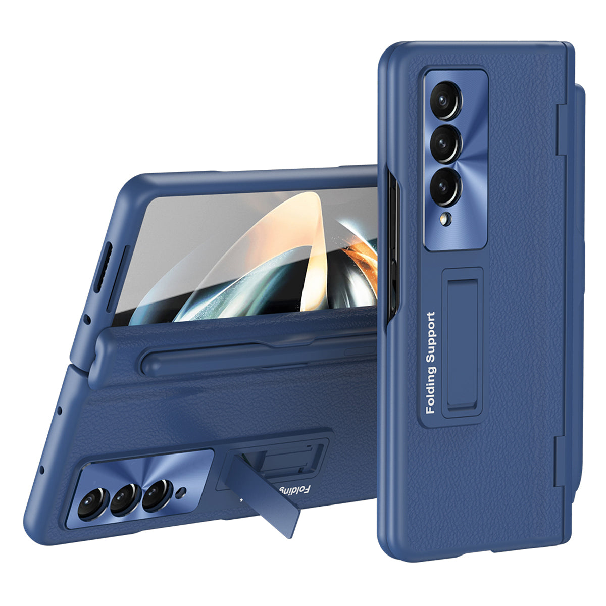 For Samsung Galaxy Z Fold3 5G Hinged Kickstand Case PU Leather PC Phone Cover with Stylus and Tempered Glass Film