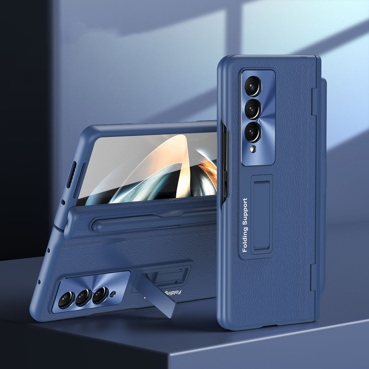 For Samsung Galaxy Z Fold3 5G Hinged Kickstand Case PU Leather PC Phone Cover with Stylus and Tempered Glass Film